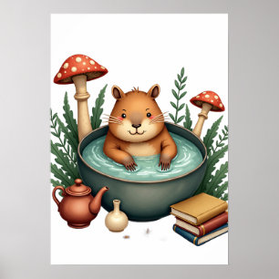 Póster Capybara de Vida Lenta en Casa de Campo con Hongos