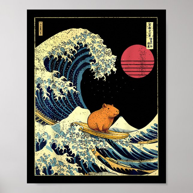 Póster Capybara Japanese Kanagawa Wave Funny Surf Animal  (Frente)