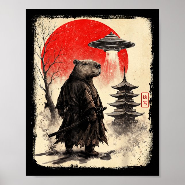 Póster Capybara Samurai Retro Ufo Japanese Warrior Tenshu (Frente)