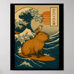 Póster Capyra Surfing Ola Grande Japonesa Kanagawa Vintag