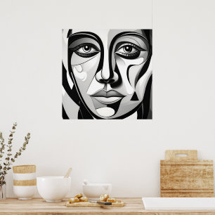 Póster Cara abstracta moderna en blanco y negro
