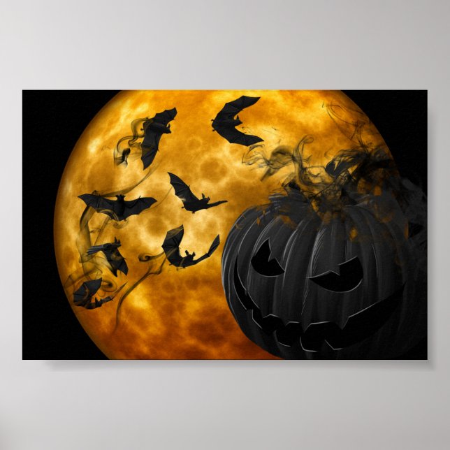 Póster Cara de calabaza malvada y murciélagos en Hallowee (Frente)