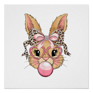 Póster Cara de conejo Bunny gafas de leopardo niña feliz