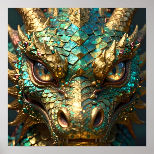 Póster Cara de Dragón Turquesa y Dorado (Frente)