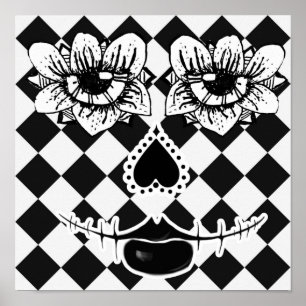 Póster Cara de Flor a Cuadros Surrealista en Blanco y N