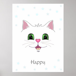 Póster Cara de gato blanco lindo y divertido y estrellas