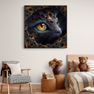 Póster Cara de gato fractal en colores negro y vibrante
