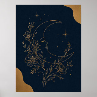 Póster Cara de Luna Creciente Mística y Celestial Dorada