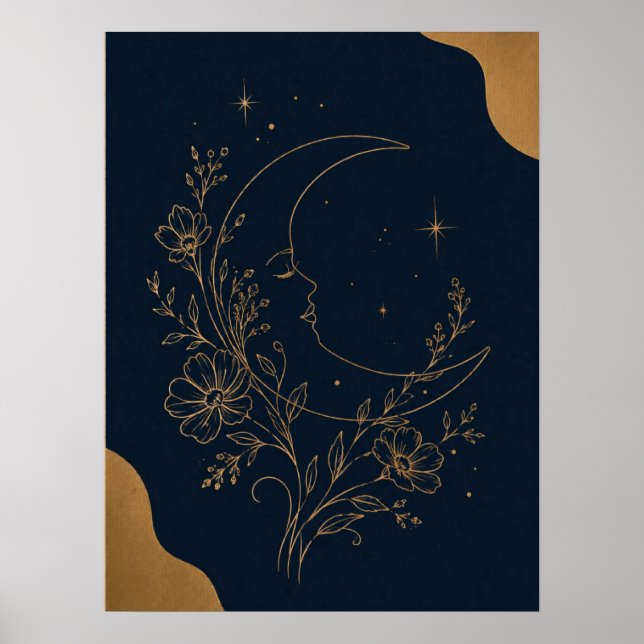 Póster Cara de Luna Creciente Mística y Celestial Dorada  (Frente)