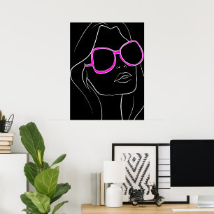Póster Cara de mujer en gafas de sol rosadas Retro negro