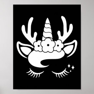 Póster Cara de reno de unicornio con flores de corteza de