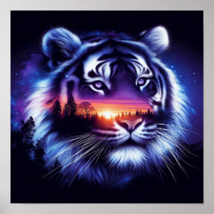 Póster Cara de Tigre y Paisaje de Puesta de Sol Escénica