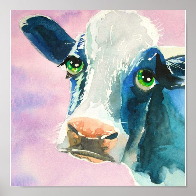 Póster Cara de vaca con ojos verdes pintura acuarela (Frente)