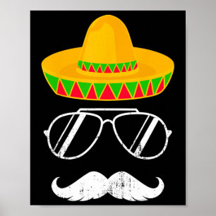 Póster Cara divertida de bigote de Sombrero mexicano para