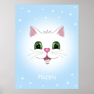 Póster Cara graciosa de gato blanco sobre azul claro