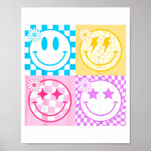 Póster Cara Sonriente Feliz Retro Patrón de Cuadros Vibra