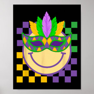 Póster Cara sonriente groovy de Mardi Gras con máscara de