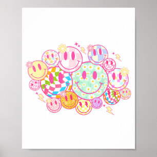 Póster Cara Sonriente Retro Flor Cara Feliz Patrón A Cuad