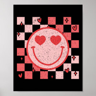 Póster Cara sonriente retro groovy a cuadros San Valentín