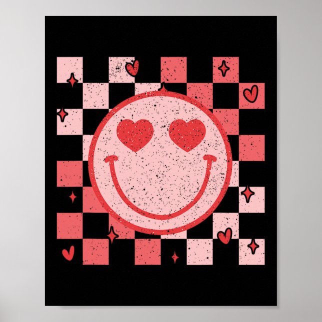 Póster Cara sonriente retro groovy a cuadros San Valentín (Frente)