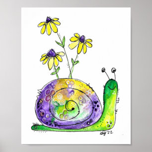 Póster Caracol alegre y caprichoso con flores amarillas