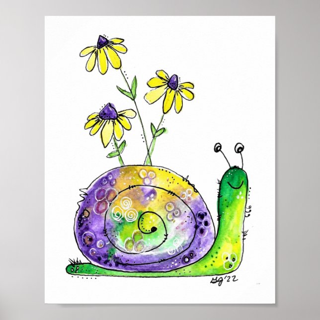 Póster Caracol alegre y caprichoso con flores amarillas (Frente)