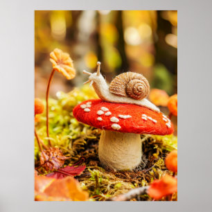 Póster Caracol de fieltro gateando sobre hongo Amanita mu