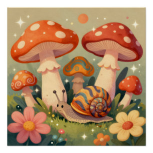 Póster Caracol y hongos de Cottage Core