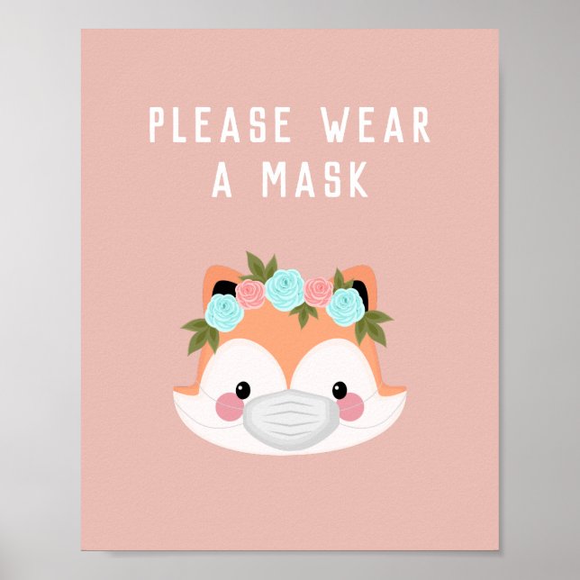 Póster Carácter Fox Cute Floral Usar Una Máscara De Covid (Frente)