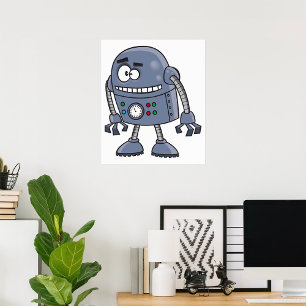 Póster Carácter Robot gracioso retro azul
