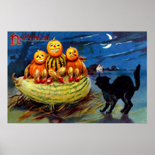 Póster Caracteres de calabaza y gato negro