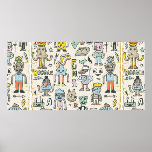 Póster Caracteres de Doodle Wacky divertidos 2. Vintage T