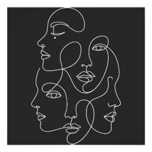 Póster Caras abstractas de una línea blancas en arte negr