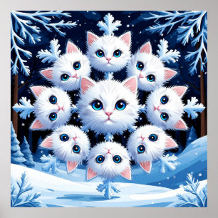Póster Caras de gato blanco lindas dispuestas en un copo 