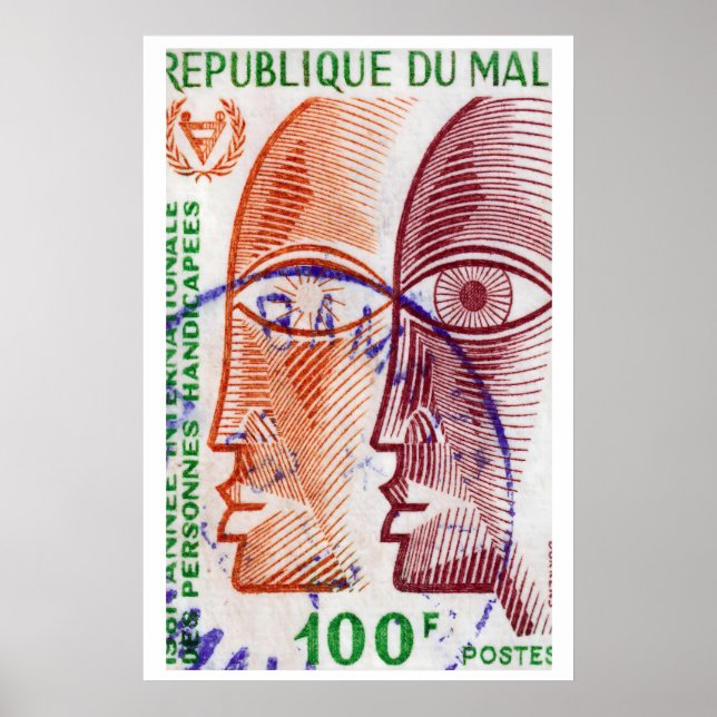 Póster Caras Estilizadas Sello Postal de Malí Años 80 - V (Frente)