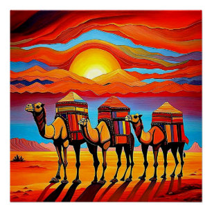 Póster Caravana de camello del desierto al atardecer 1