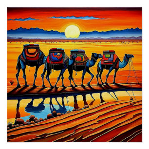 Póster Caravana de camello del desierto al atardecer 4