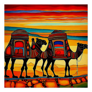 Póster Caravana de camello del desierto al atardecer 5