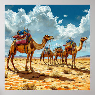 Póster Caravana de Camellos del Desierto Puesta de Sol Vi