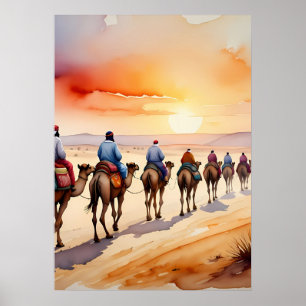 Póster Caravana de camellos en el desierto, paisaje de vi