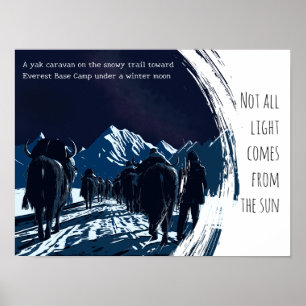 Póster Caravana de Yak bajo la Luna en el viaje nocturno 