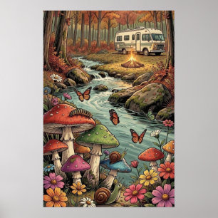 Póster Caravana Retro, Hongos, Arroyo y Flores