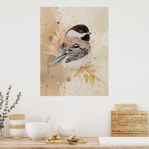 Póster Carboncillo de ave Chickadee pintado a mano origin