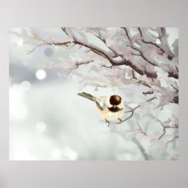 Póster Carbonero árbol invernal helado pájaro