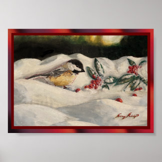 Póster Carbonero y muérdago en la nieve de Navidad invern