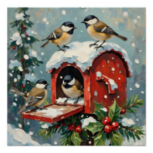 Póster Carboneros Antiguos en Buzón Navideño Nevado