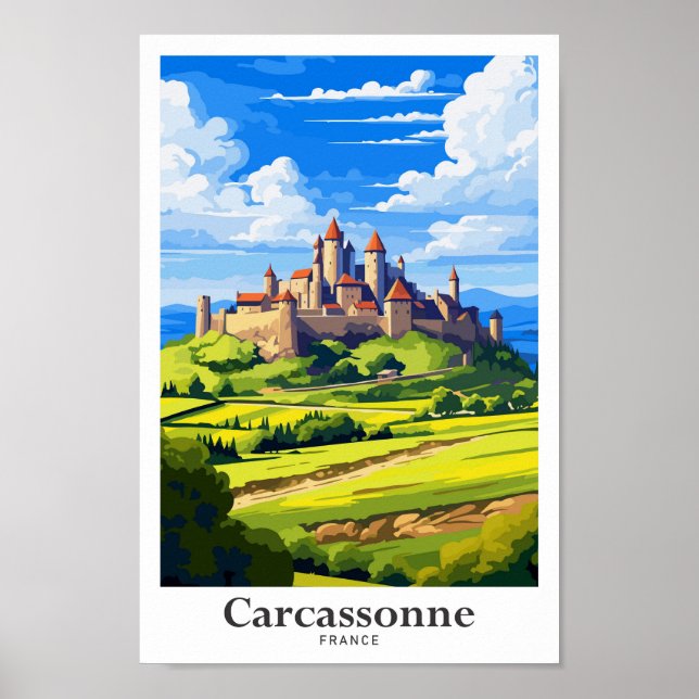 Póster Carcassonne Francia Viaje Ilustracion Viejo Viejo (Frente)