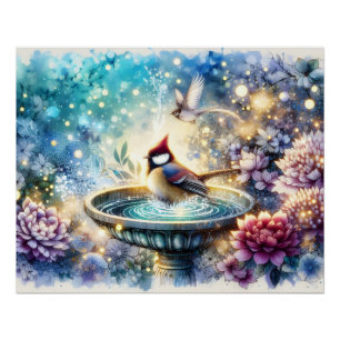 Póster Cardenal en Baño de Pájaros Jardín Soñador