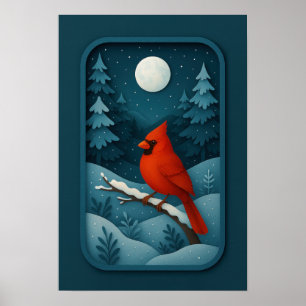 Póster Cardenal iluminado por la luna en bosque invernal