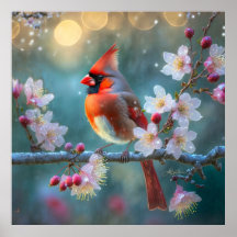 Cardenal macho a la luz de la luna Flores de cerez